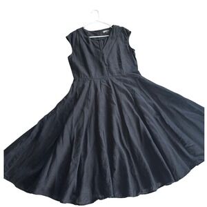 Neiman Marcus Womens Black 100% Linen Sleeveless V-Neck Fit & Flare Midi Dress L